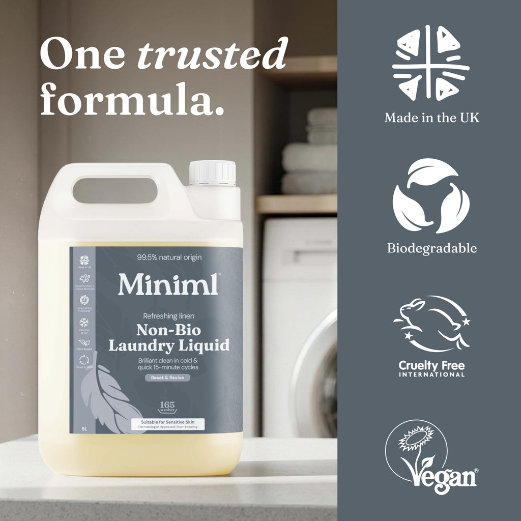 Miniml Eco Laundry Liquid Washing Detergent 5L Refill - Natural Non Bio Fresh Linen Scented Clothes and Fabric Softener for Machine or Delicate Hand Cleaning - 100% Vegan & Cruelty Free (165 Washes)