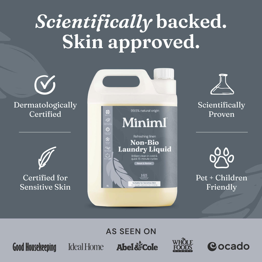 Miniml Eco Laundry Liquid Washing Detergent 5L Refill - Natural Non Bio Fresh Linen Scented Clothes and Fabric Softener for Machine or Delicate Hand Cleaning - 100% Vegan & Cruelty Free (165 Washes)