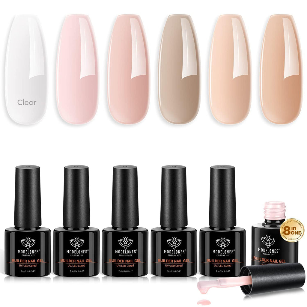 Modelones Builder Nail Gel 6 Colors, 8-in-ONE Pink Brown Builder Gel Set for Nails, Nail Strengthener Extension Color Gel Base Gel Builder Gel in a Bottle