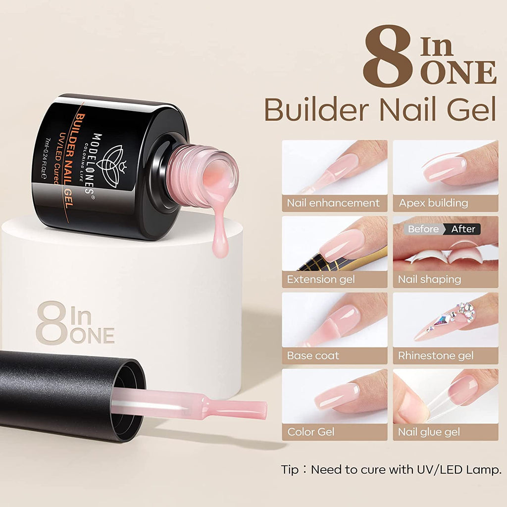Modelones Builder Nail Gel 6 Colors, 8-in-ONE Pink Brown Builder Gel Set for Nails, Nail Strengthener Extension Color Gel Base Gel Builder Gel in a Bottle