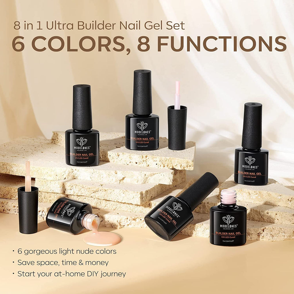 Modelones Builder Nail Gel 6 Colors, 8-in-ONE Pink Brown Builder Gel Set for Nails, Nail Strengthener Extension Color Gel Base Gel Builder Gel in a Bottle