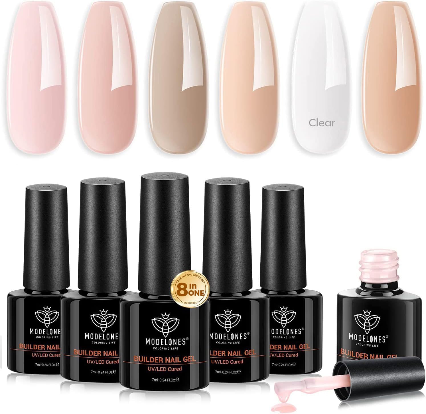 Modelones Builder Nail Gel 6 Colors, 8-in-ONE Pink Brown Builder Gel Set for Nails, Nail Strengthener Extension Color Gel Base Gel Builder Gel in a Bottle