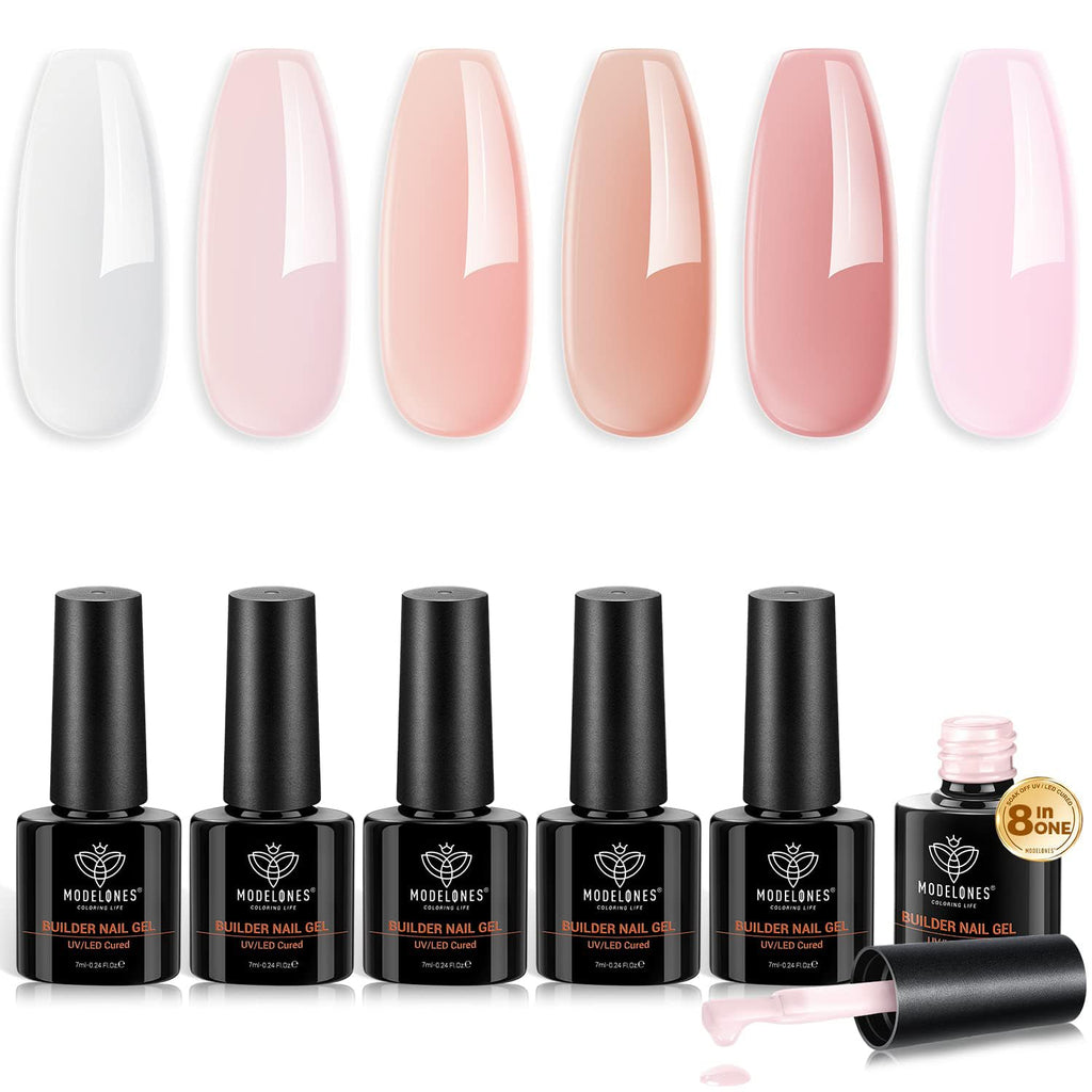 Modelones Builder Nail Gel 6 Colors, 8-in-ONE Pink Brown Builder Gel Set for Nails, Nail Strengthener Extension Color Gel Base Gel Builder Gel in a Bottle