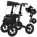 MobiQuip All Terrain 4 Wheel Rollator Walker with Seat, Black Coloured Frame - Lightweight, Folding Mobility Aids with Large 12" Pneumatic Tyres - Adjustable Handles, Easy-Grip Brakes & Storage
