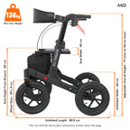 MobiQuip All Terrain 4 Wheel Rollator Walker with Seat, Black Coloured Frame - Lightweight, Folding Mobility Aids with Large 12" Pneumatic Tyres - Adjustable Handles, Easy-Grip Brakes & Storage