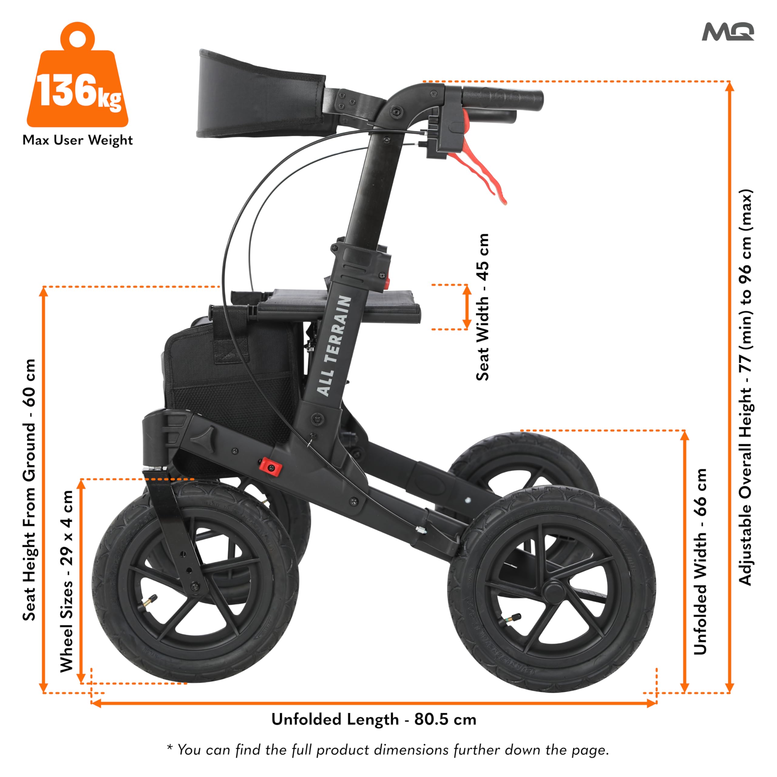 MobiQuip All Terrain 4 Wheel Rollator Walker with Seat, Black Coloured Frame - Lightweight, Folding Mobility Aids with Large 12" Pneumatic Tyres - Adjustable Handles, Easy-Grip Brakes & Storage