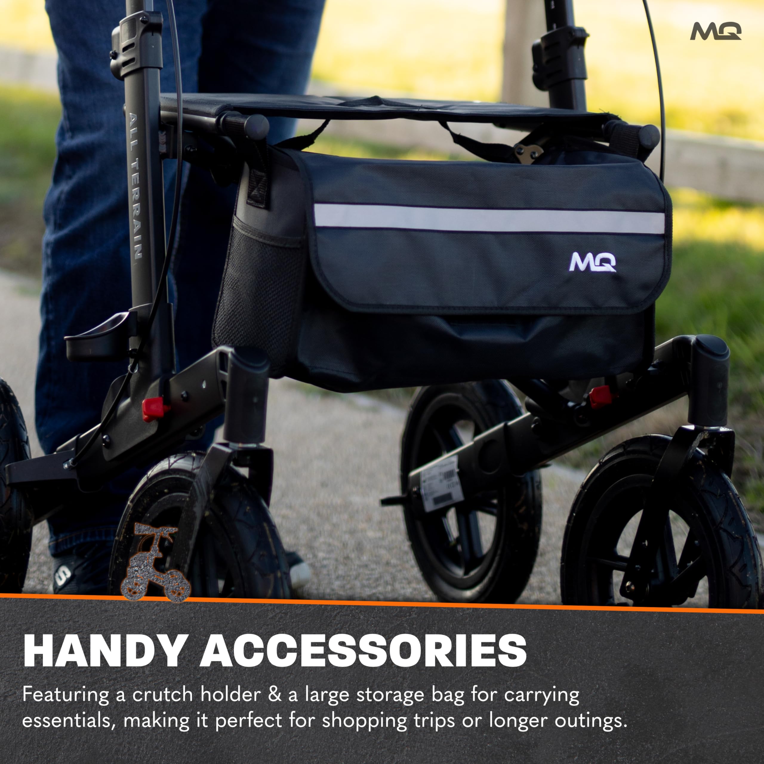 MobiQuip All Terrain 4 Wheel Rollator Walker with Seat, Black Coloured Frame - Lightweight, Folding Mobility Aids with Large 12" Pneumatic Tyres - Adjustable Handles, Easy-Grip Brakes & Storage