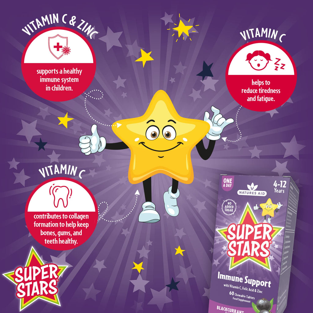 Natures Aid Super Stars Immune Support for Kids 150ml - Blackcurrant Flavour - Vitamin C D3 Zinc - Vegan, Sugar-Free, Gluten-Free - Non-GMO - Daily Immune Support Liquid Supplement