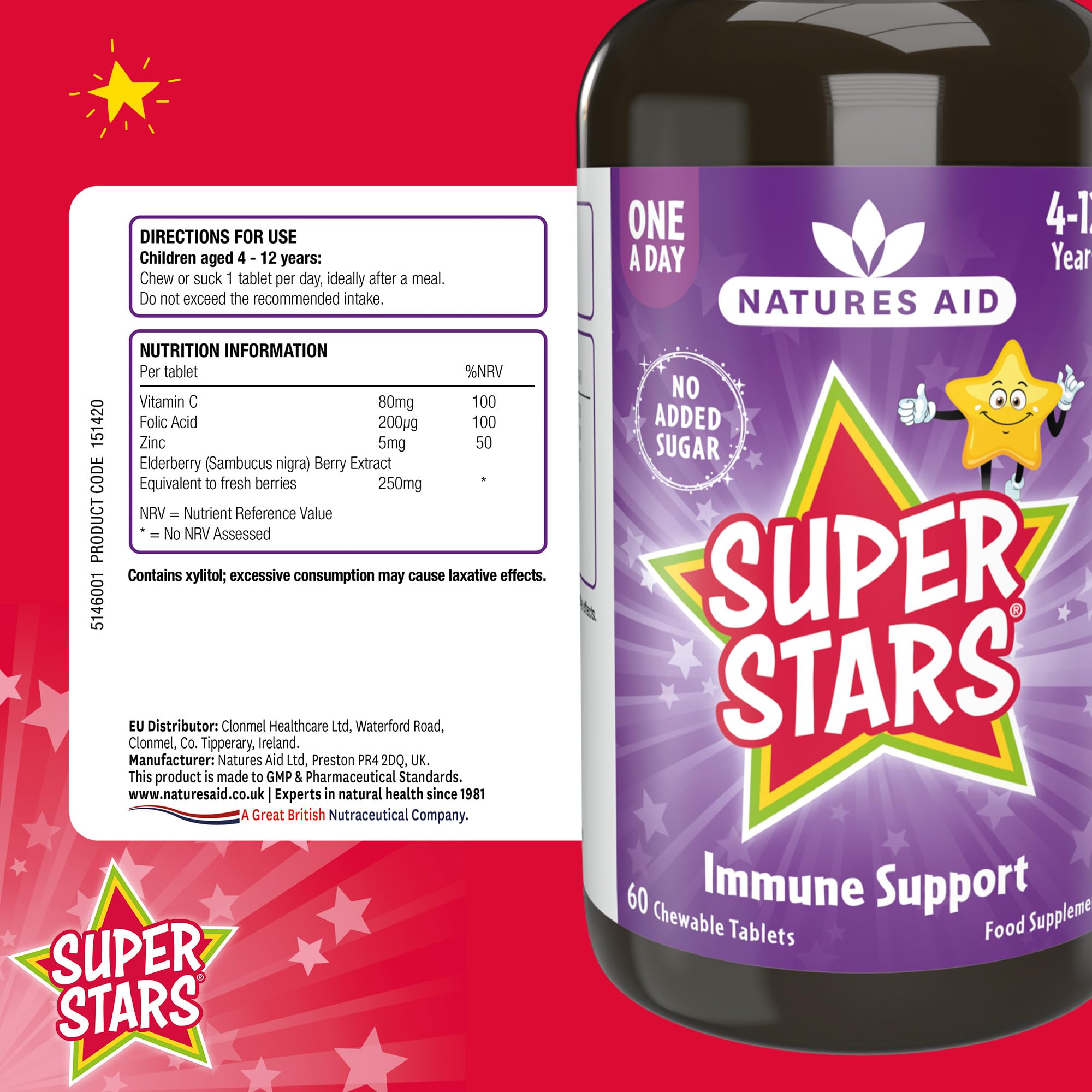 Natures Aid Super Stars Immune Support for Kids 150ml - Blackcurrant Flavour - Vitamin C D3 Zinc - Vegan, Sugar-Free, Gluten-Free - Non-GMO - Daily Immune Support Liquid Supplement