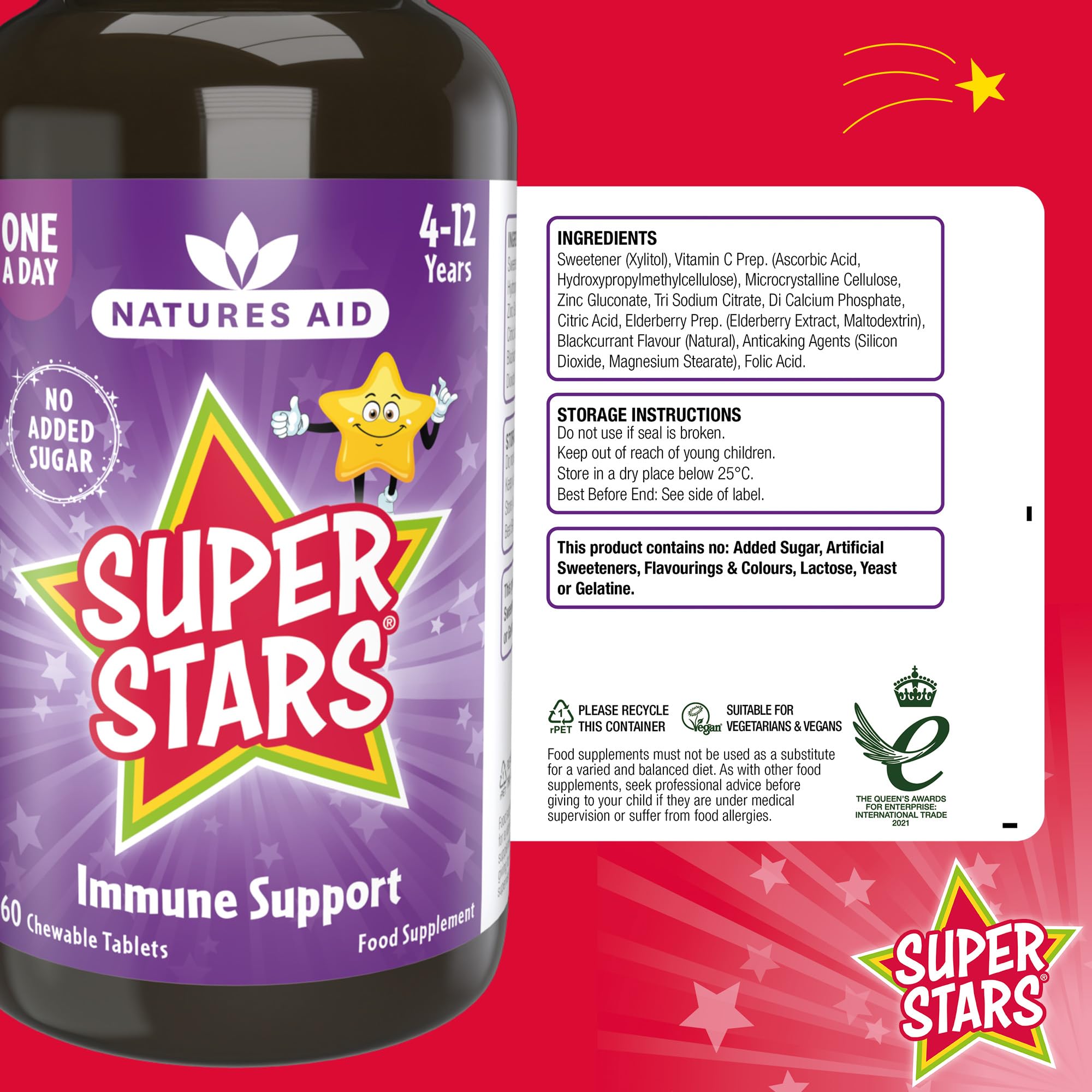 Natures Aid Super Stars Immune Support for Kids 150ml - Blackcurrant Flavour - Vitamin C D3 Zinc - Vegan, Sugar-Free, Gluten-Free - Non-GMO - Daily Immune Support Liquid Supplement