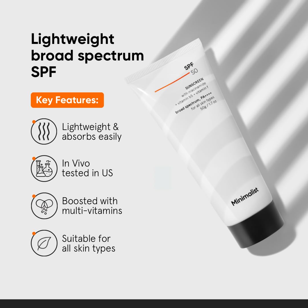 Minimalist Sunscreen SPF 50 Lightweight, No White Cast, Broad Spectrum PA ++++, Acne Safe| For Men & Women, 50 g (Pack of 1) - Damaged Box