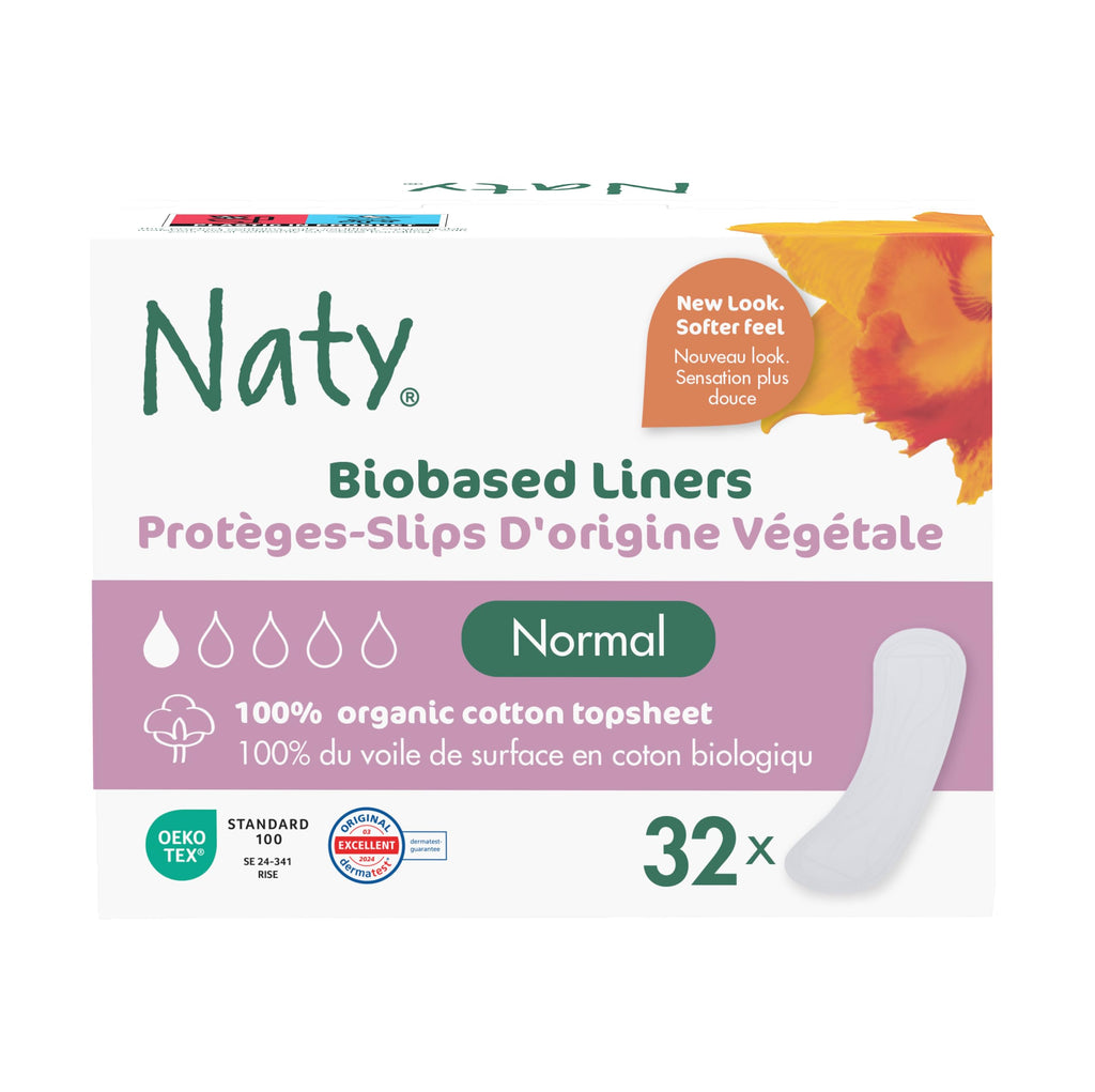 Naty Panty Liners Normal Wrapped | 100% Certified Organic Cotton top Sheet| Certified Skin-Safe | Unscented, 0% Conventional Plastic | Comfortable & Breathable | 32 Liners - Damaged Box