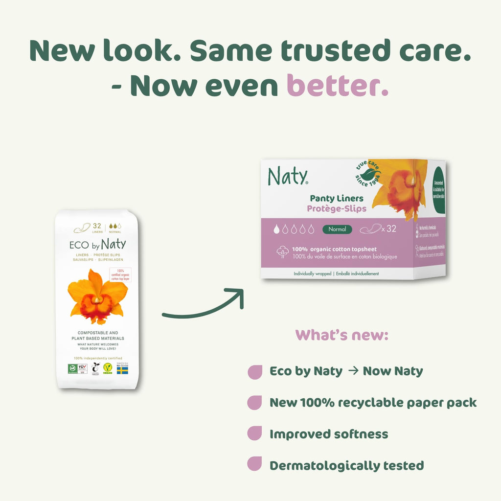 Naty Panty Liners Normal Wrapped | 100% Certified Organic Cotton top Sheet| Certified Skin-Safe | Unscented, 0% Conventional Plastic | Comfortable & Breathable | 32 Liners - Damaged Box