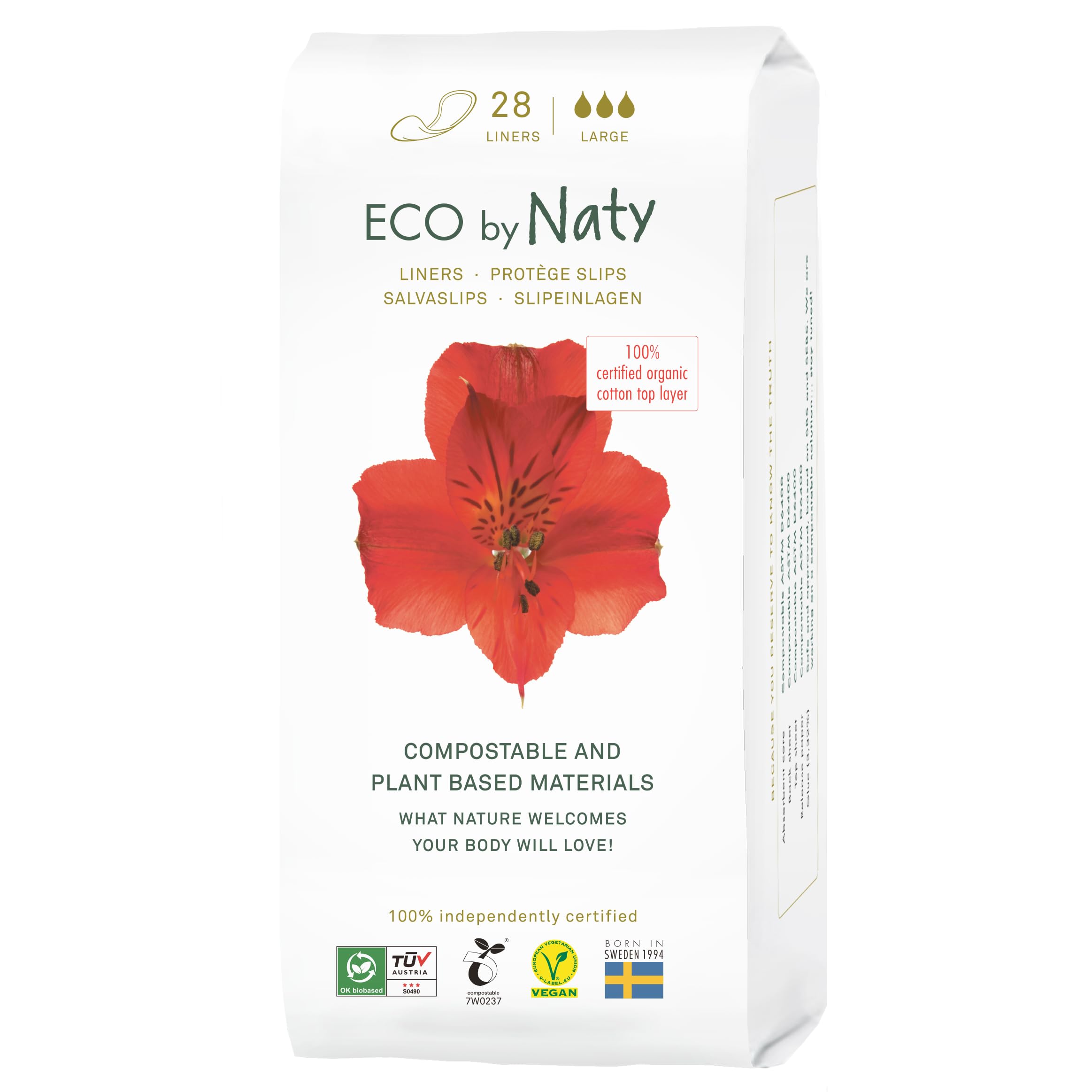Naty Panty Liners Normal Wrapped | 100% Certified Organic Cotton top Sheet| Certified Skin-Safe | Unscented, 0% Conventional Plastic | Comfortable & Breathable | 32 Liners - Damaged Box