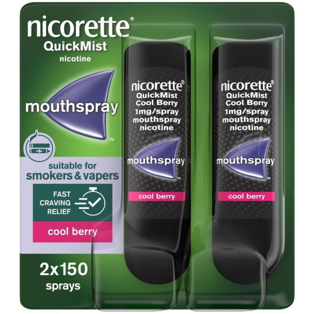 Nicorette QuickMist Mouthspray, Cool Berry (2 x 150 Sprays) Smoking or Vaping Cessation Aid, designed to start reducing cravings in 30 seconds (Quit Smoking or Quit Vaping Aid) - Damaged Box - BBE 03/2028