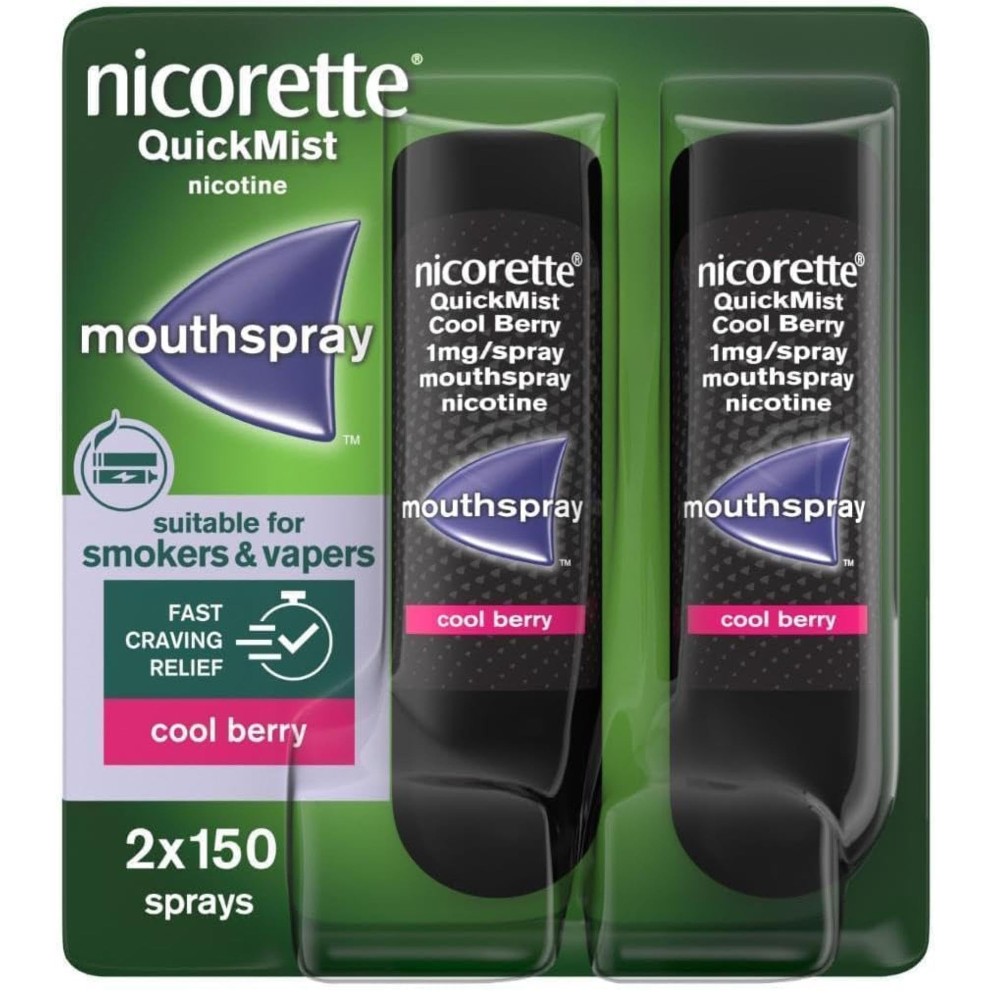 Nicorette QuickMist Mouthspray, Cool Berry (2 x 150 Sprays) Smoking or Vaping Cessation Aid, designed to start reducing cravings in 30 seconds (Quit Smoking or Quit Vaping Aid) - Damaged Box - BBE 03/2028
