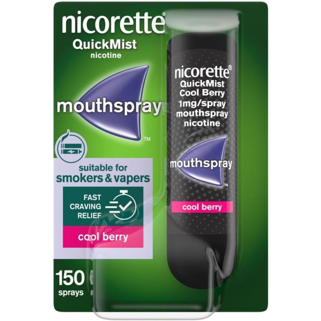 Nicorette QuickMist Mouthspray, Cool Berry (2 x 150 Sprays) Smoking or Vaping Cessation Aid, designed to start reducing cravings in 30 seconds (Quit Smoking or Quit Vaping Aid) - Damaged Box - BBE 03/2028