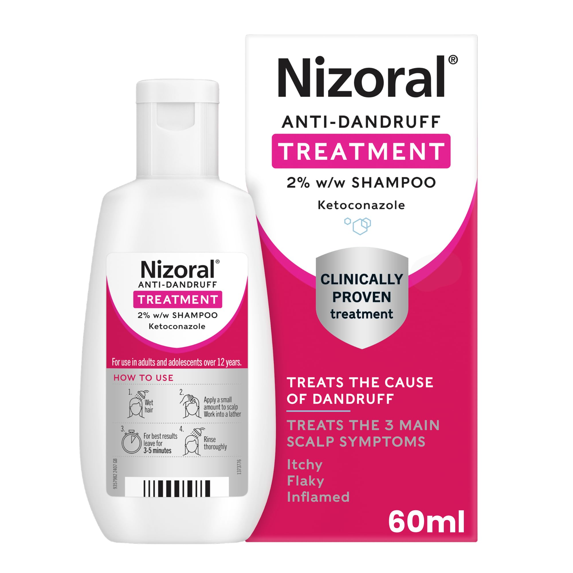 Nizoral Anti-Dandruff Treatment Shampoo, Treats and Prevents Dandruff, Clinically Proven to Control Itchy & Flaky Scalps, Contains Ketoconazole, 1 x 60ml - Damaged Box - BBE 11/2028