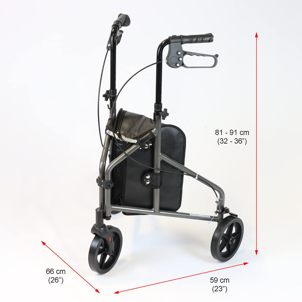 NRS Healthcare 3 Wheel Aluminium Ultra Lightweight 4.5kg (9.9lbs) Rollator Walking Aid with Bag & Lockable Brakes, Folding & Height Adjustable Walker, - Dark Silver - Damaged Box
