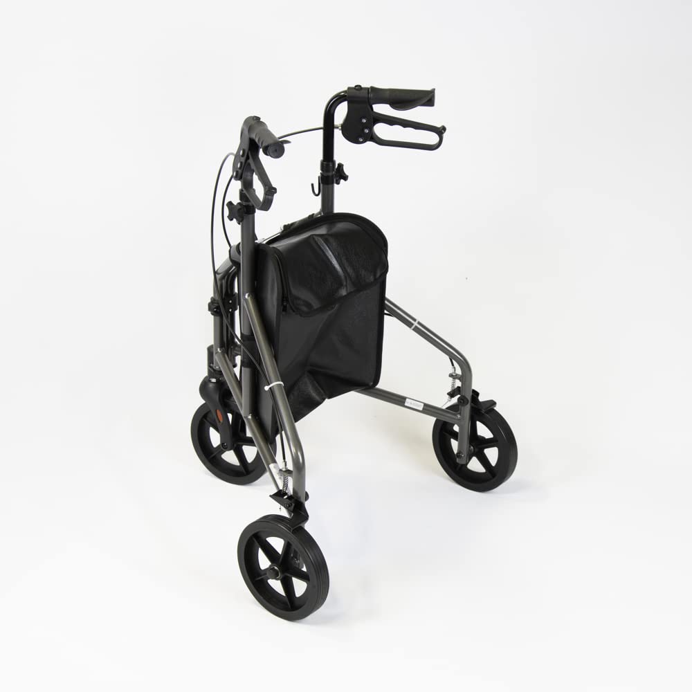 NRS Healthcare 3 Wheel Aluminium Ultra Lightweight 4.5kg (9.9lbs) Rollator Walking Aid with Bag & Lockable Brakes, Folding & Height Adjustable Walker, - Dark Silver - Damaged Box