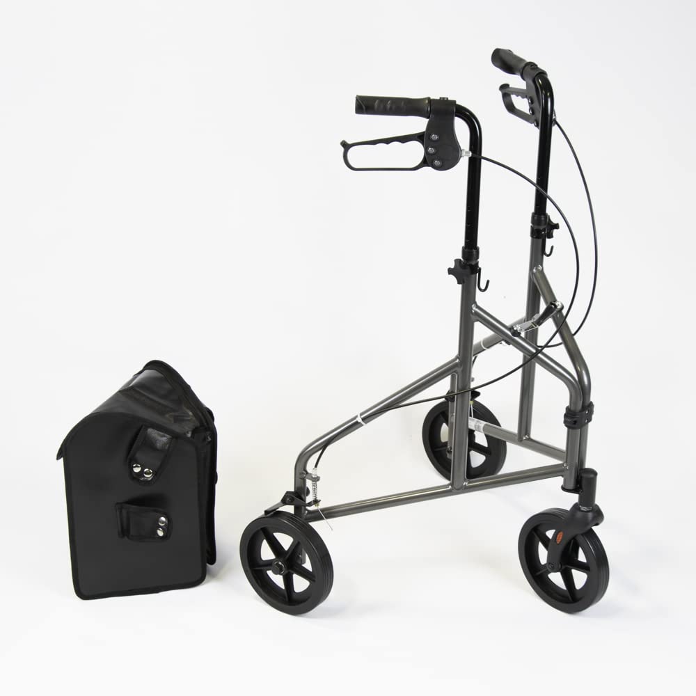 NRS Healthcare 3 Wheel Aluminium Ultra Lightweight 4.5kg (9.9lbs) Rollator Walking Aid with Bag & Lockable Brakes, Folding & Height Adjustable Walker, - Dark Silver - Damaged Box
