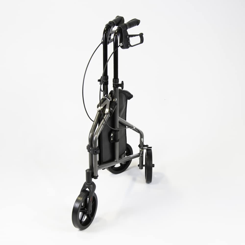 NRS Healthcare 3 Wheel Aluminium Ultra Lightweight 4.5kg (9.9lbs) Rollator Walking Aid with Bag & Lockable Brakes, Folding & Height Adjustable Walker, - Dark Silver - Damaged Box