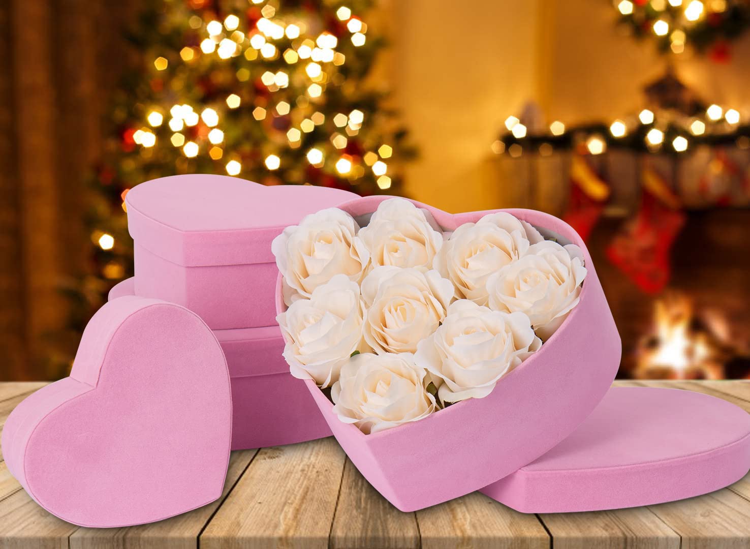 Oairse Velvet Heart Shaped Box Set of 4 Gift Box with Lids for Flower Arrangements Pink Heart Boxes Velvet Gift Boxes for Present, Valentine's Day, Wedding, Mother's Day, Thanksgiving, Christmas - Damaged Box