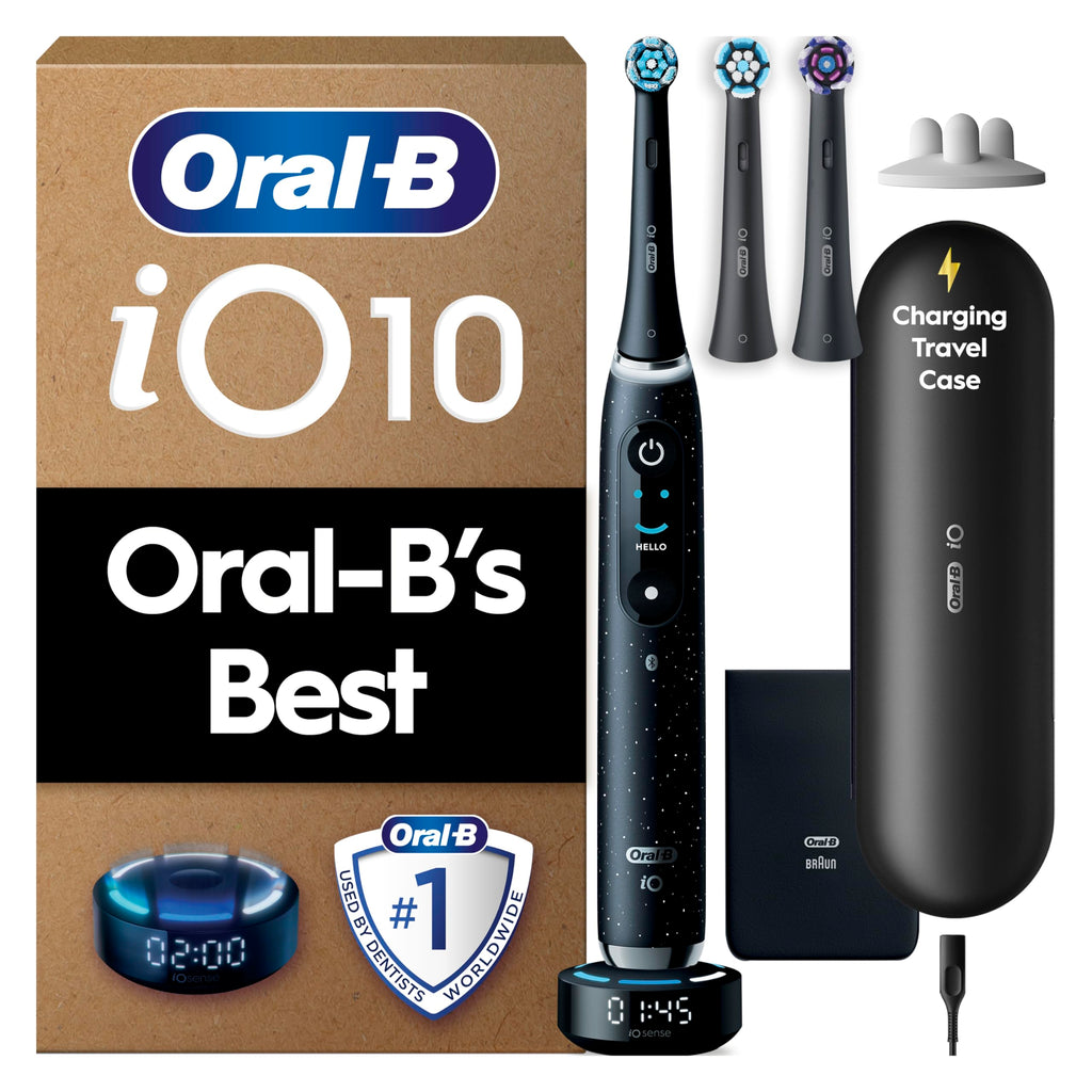 Oral-B iO10 Electric Toothbrush for Adults, 1 Handle, Cosmic Black - 3 Brush Heads, Charging Travel Case, Toothbrush Head Holder, 7 Modes, UK Two Pin Plug, Gifts for Women / Men - Very Good