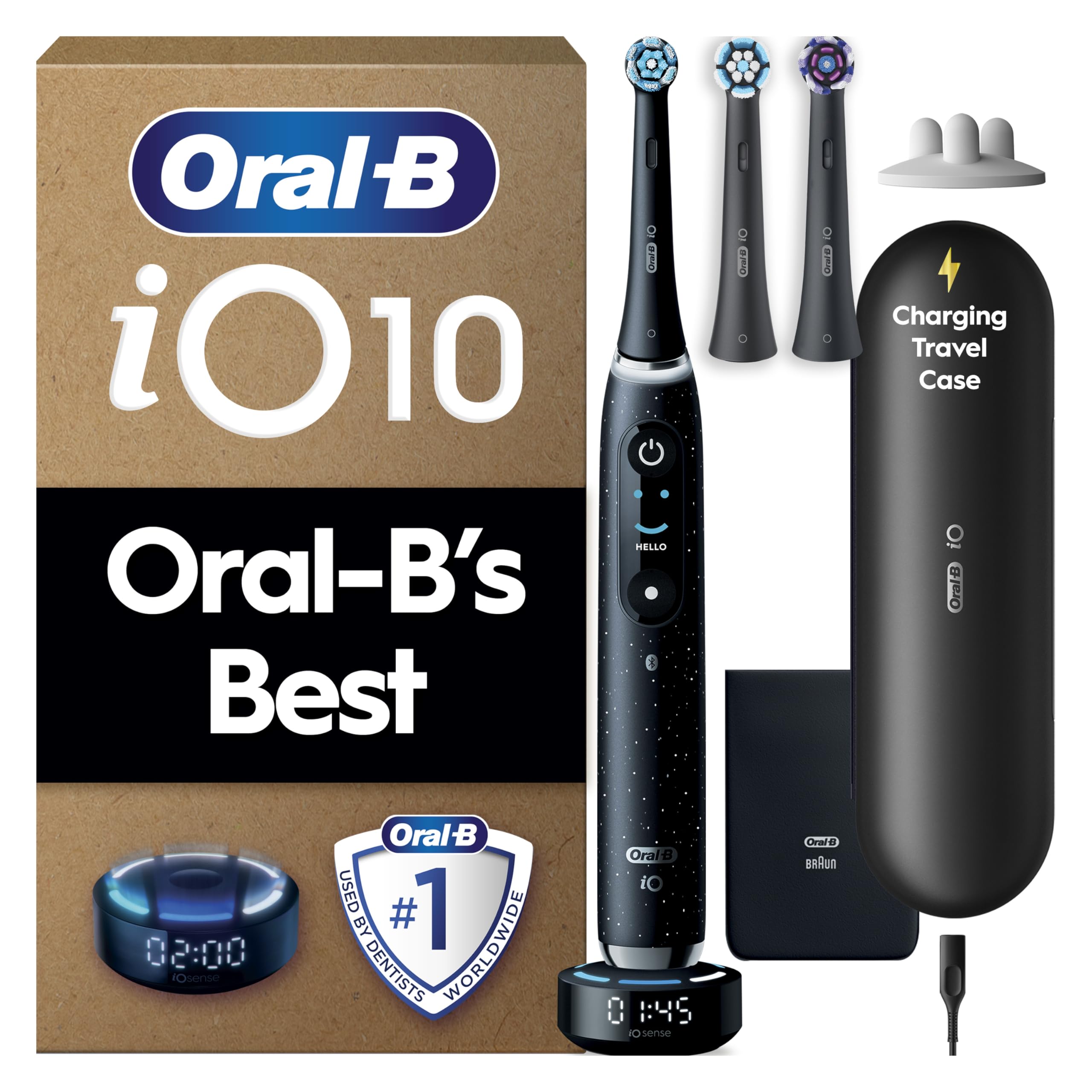Oral-B iO10 Electric Toothbrush for Adults, 1 Handle, Cosmic Black - 3 Brush Heads, Charging Travel Case, Toothbrush Head Holder, 7 Modes, UK Two Pin Plug, Gifts for Women / Men - Very Good