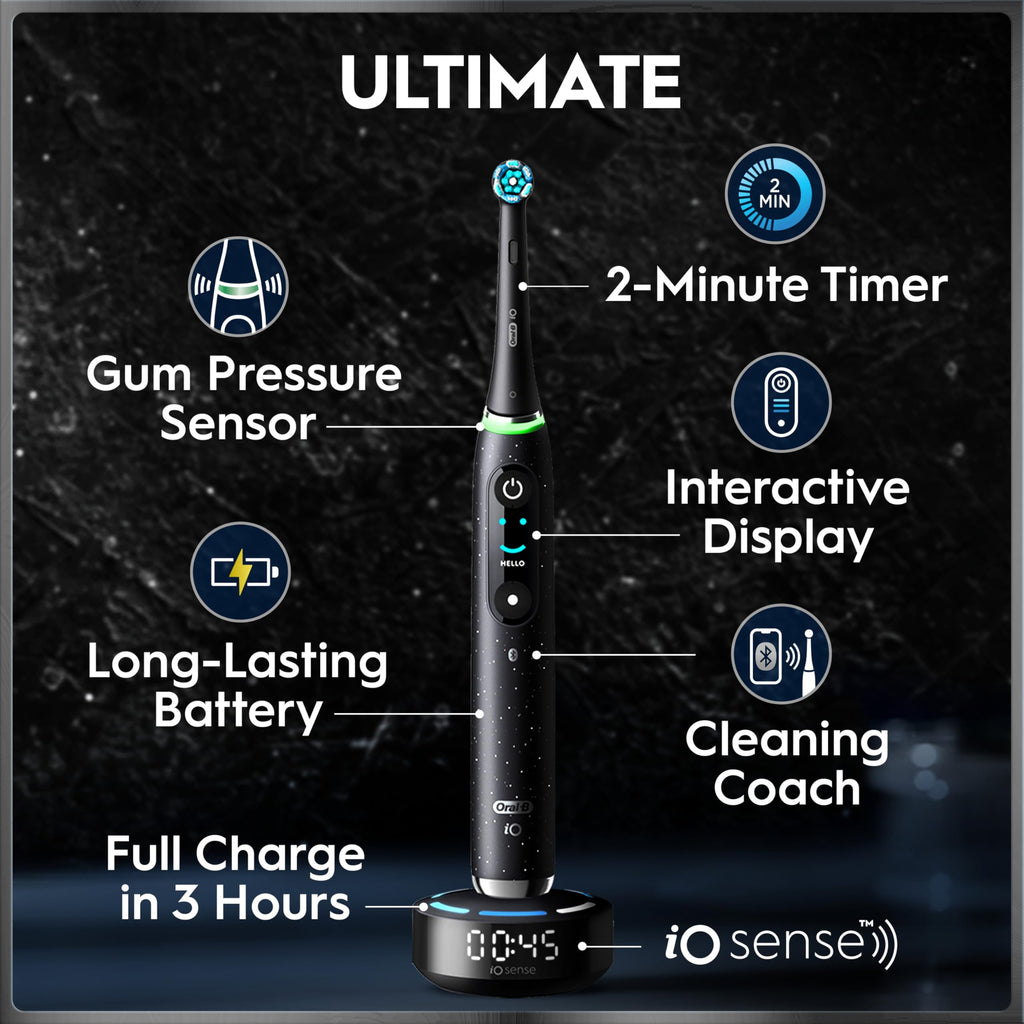 Oral-B iO10 Electric Toothbrush for Adults, 1 Handle, Cosmic Black - 3 Brush Heads, Charging Travel Case, Toothbrush Head Holder, 7 Modes, UK Two Pin Plug, Gifts for Women / Men - Very Good