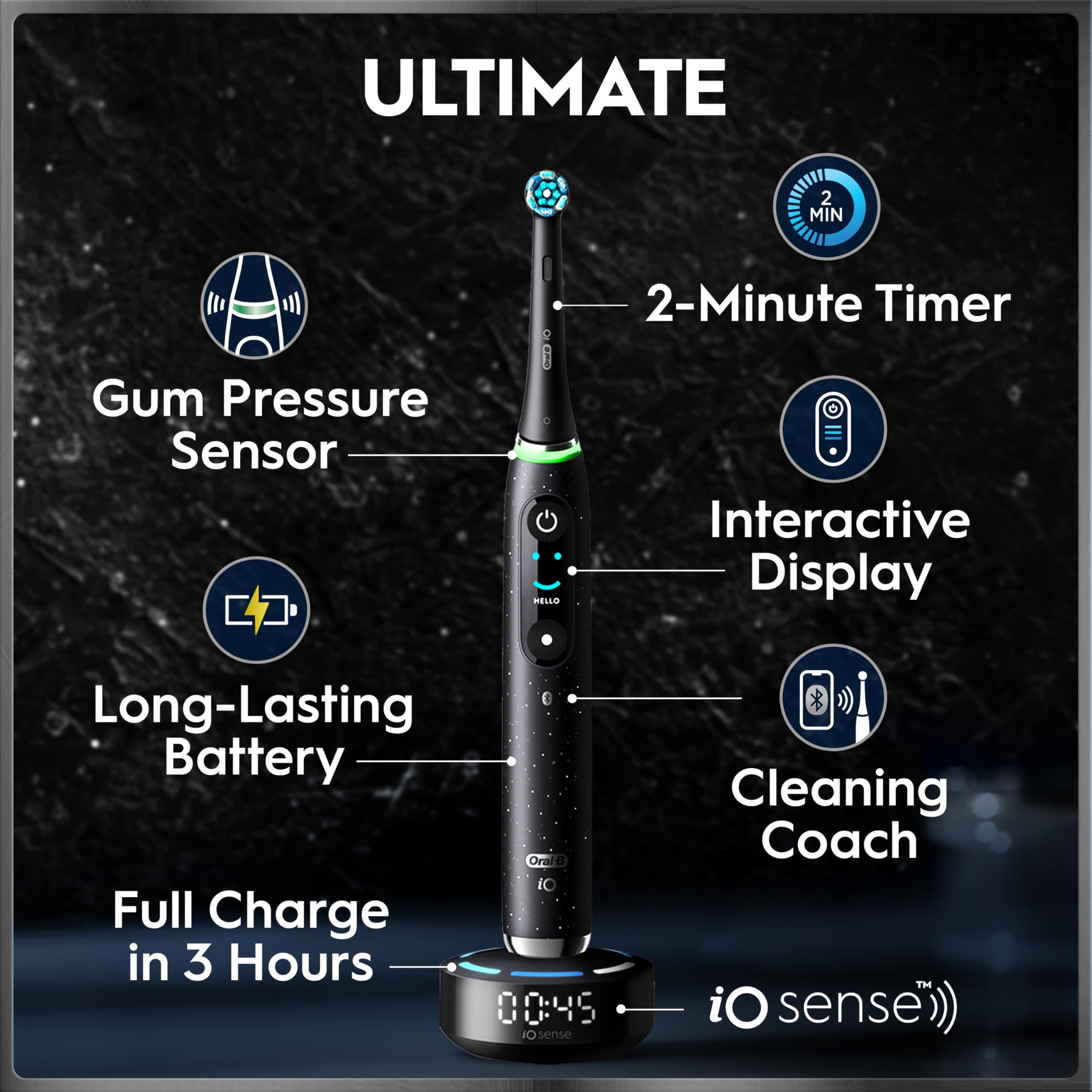 Oral-B iO10 Electric Toothbrush for Adults, 1 Handle, Cosmic Black - 3 Brush Heads, Charging Travel Case, Toothbrush Head Holder, 7 Modes, UK Two Pin Plug, Gifts for Women / Men - Very Good
