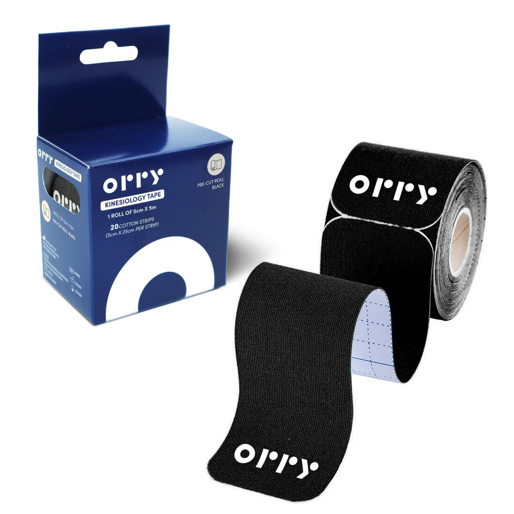 ORRY Kinesiology Tape - Joint Support & Muscle Pain Relief - Latex-Free, Water-Resistant, Elastic Cotton Pre-Cut Roll, 20 Strips (Black)