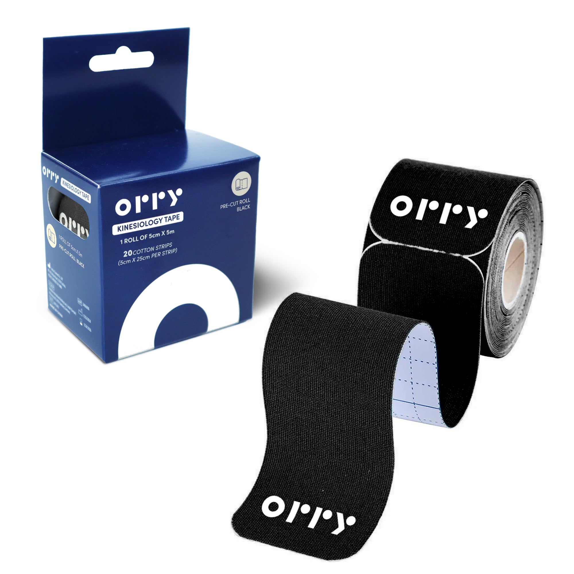 ORRY Kinesiology Tape - Joint Support & Muscle Pain Relief - Latex-Free, Water-Resistant, Elastic Cotton Pre-Cut Roll, 20 Strips (Black)
