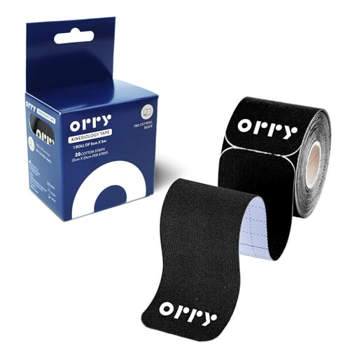 ORRY Kinesiology Tape - Joint Support & Muscle Pain Relief - Latex-Free, Water-Resistant, Elastic Cotton Pre-Cut Roll, 20 Strips (Black)