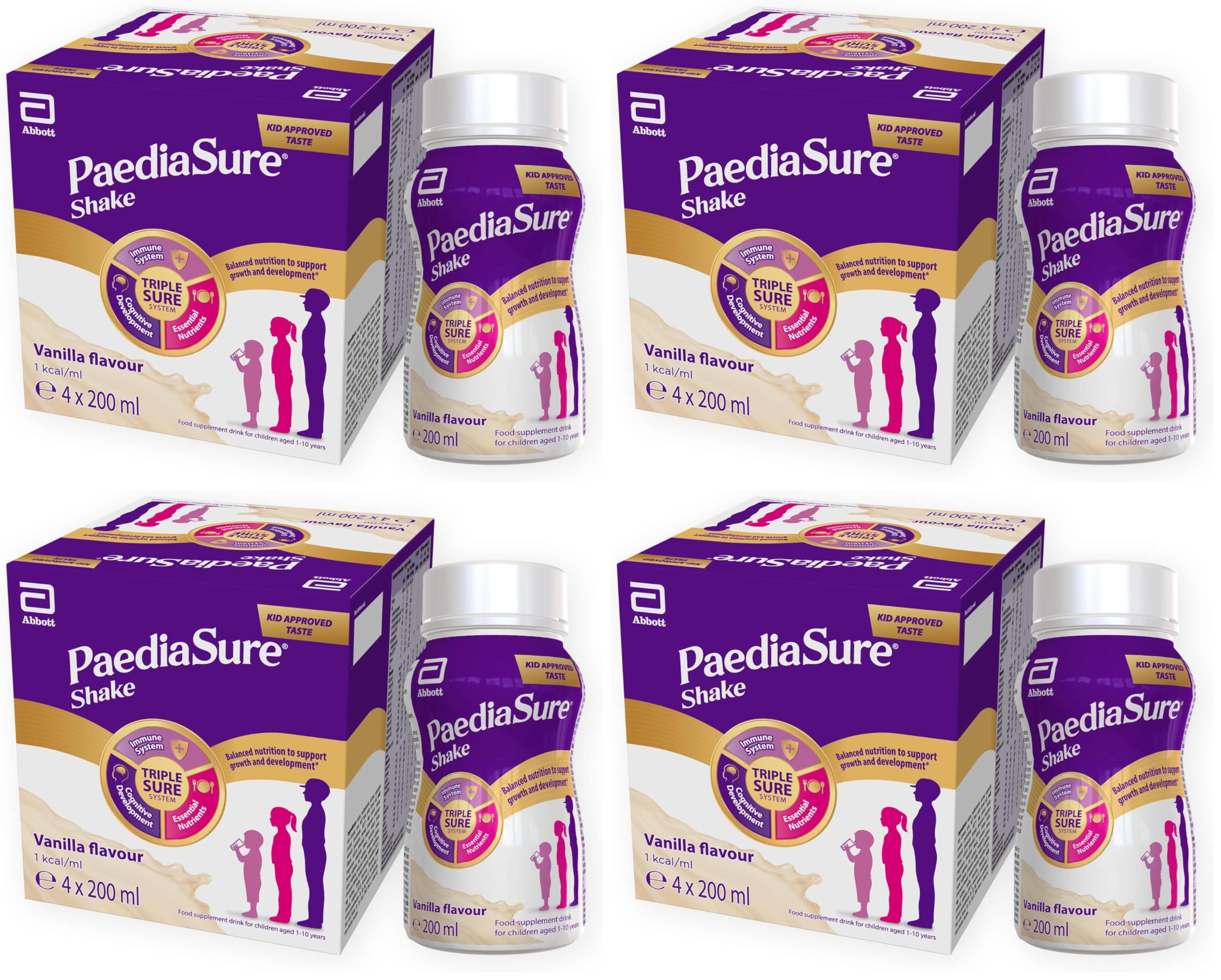 PaediaSure Shake Ready-To-Drink Bottles, 4 x 200ml, Chocolate Flavour, Supplement for Kids with 26 Vitamins and Minerals, Vitamin D, Iron and Protein, Supports Kids' Healthy Growth and Immunity - BBE 01/2027