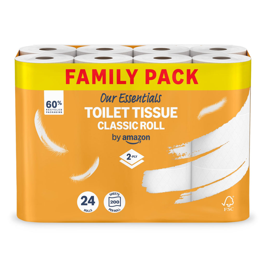 Our Essentials by Amazon Toilet Tissue Classic Roll, 2-ply, 24 Rolls (1 Pack of 24), 200 Sheets per Roll - Damaged Box