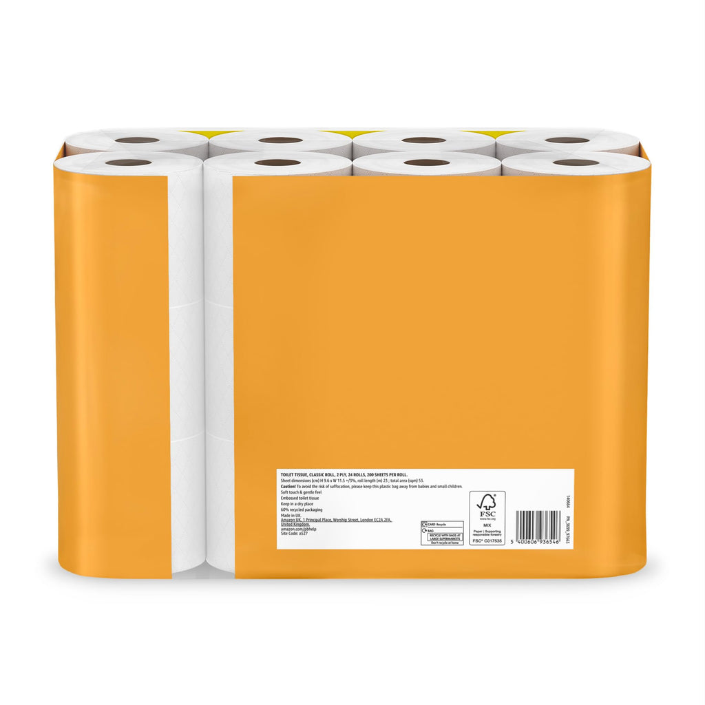Our Essentials by Amazon Toilet Tissue Classic Roll, 2-ply, 24 Rolls (1 Pack of 24), 200 Sheets per Roll - Damaged Box