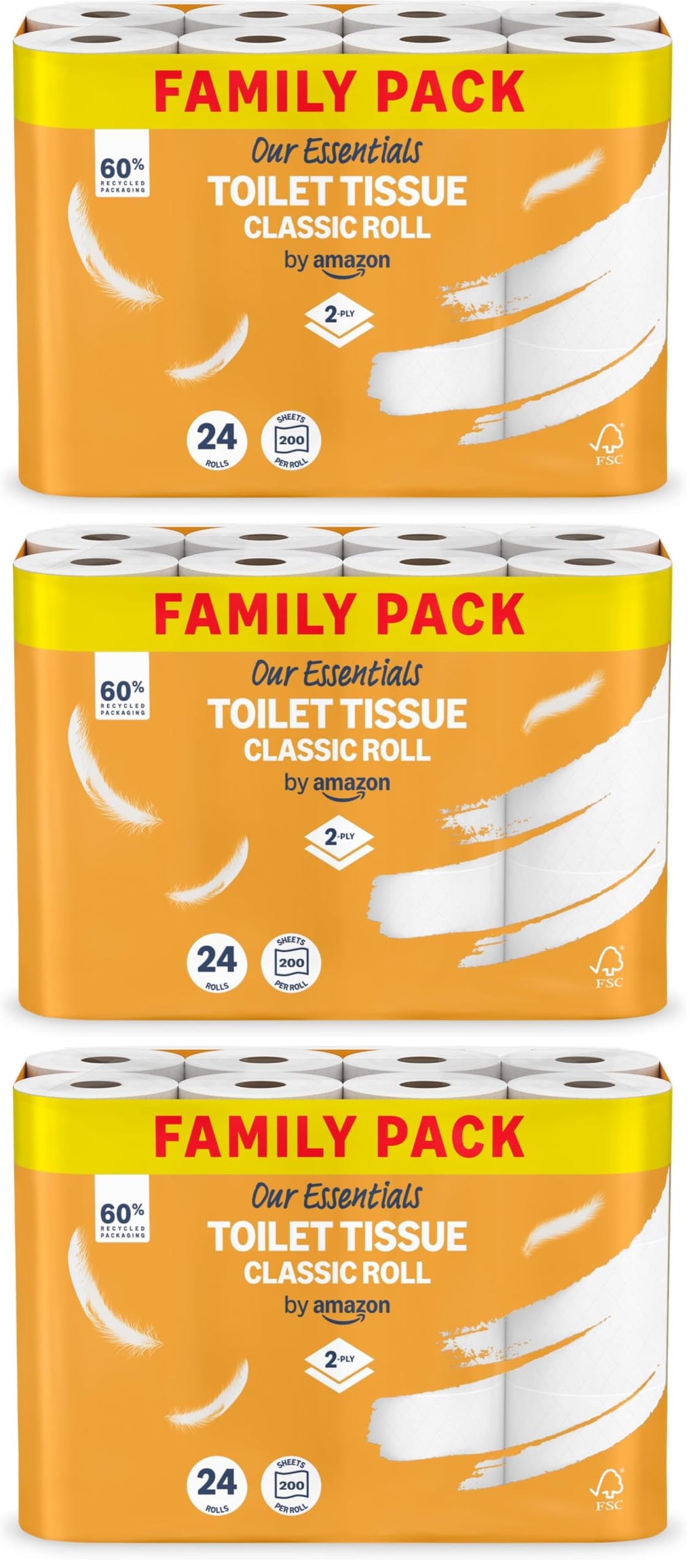 Our Essentials by Amazon Toilet Tissue Classic Roll, 2-ply, 24 Rolls (1 Pack of 24), 200 Sheets per Roll - Damaged Box