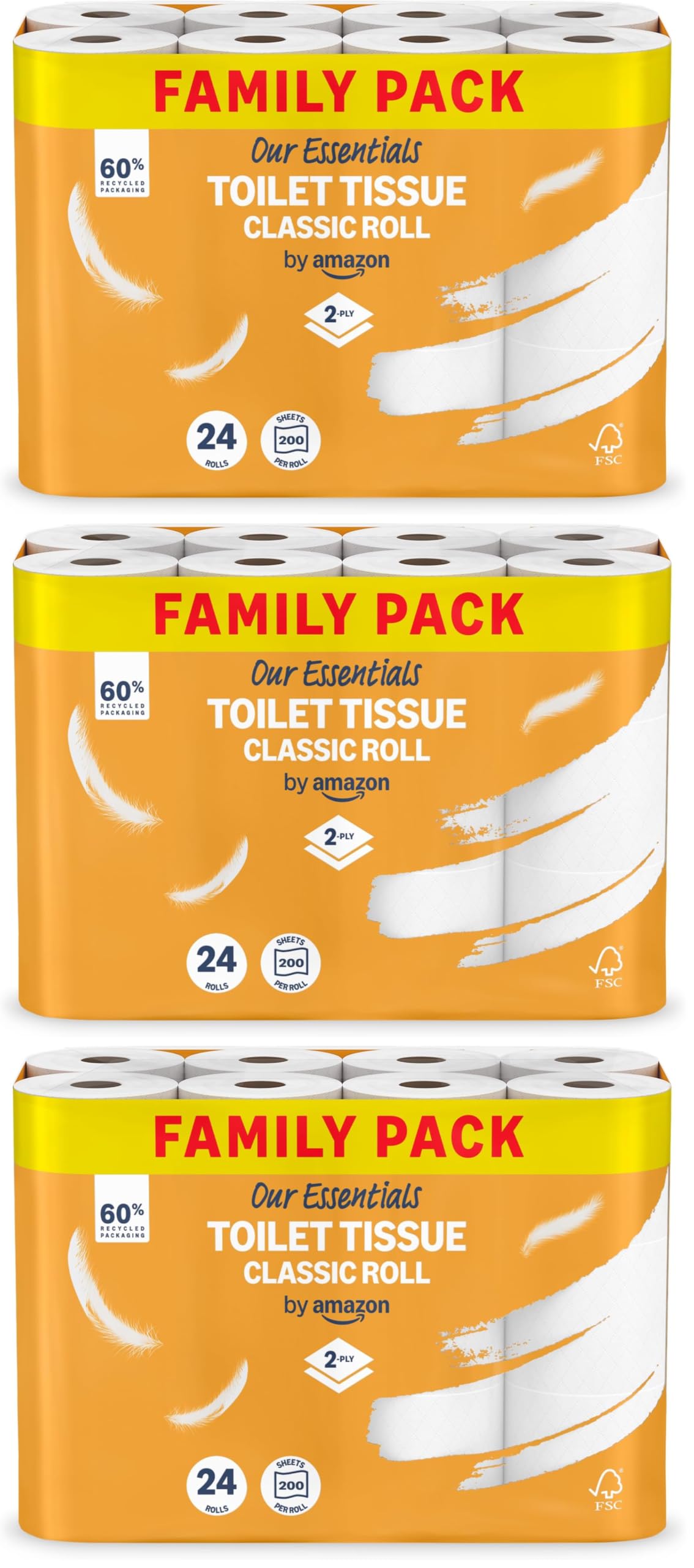 Our Essentials by Amazon Toilet Tissue Classic Roll, 2-ply, 24 Rolls (1 Pack of 24), 200 Sheets per Roll - Damaged Box
