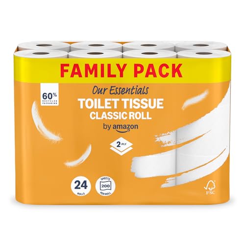 Our Essentials by Amazon Toilet Tissue Classic Roll, 2-ply, 24 Rolls (1 Pack of 24), 200 Sheets per Roll - Damaged Box