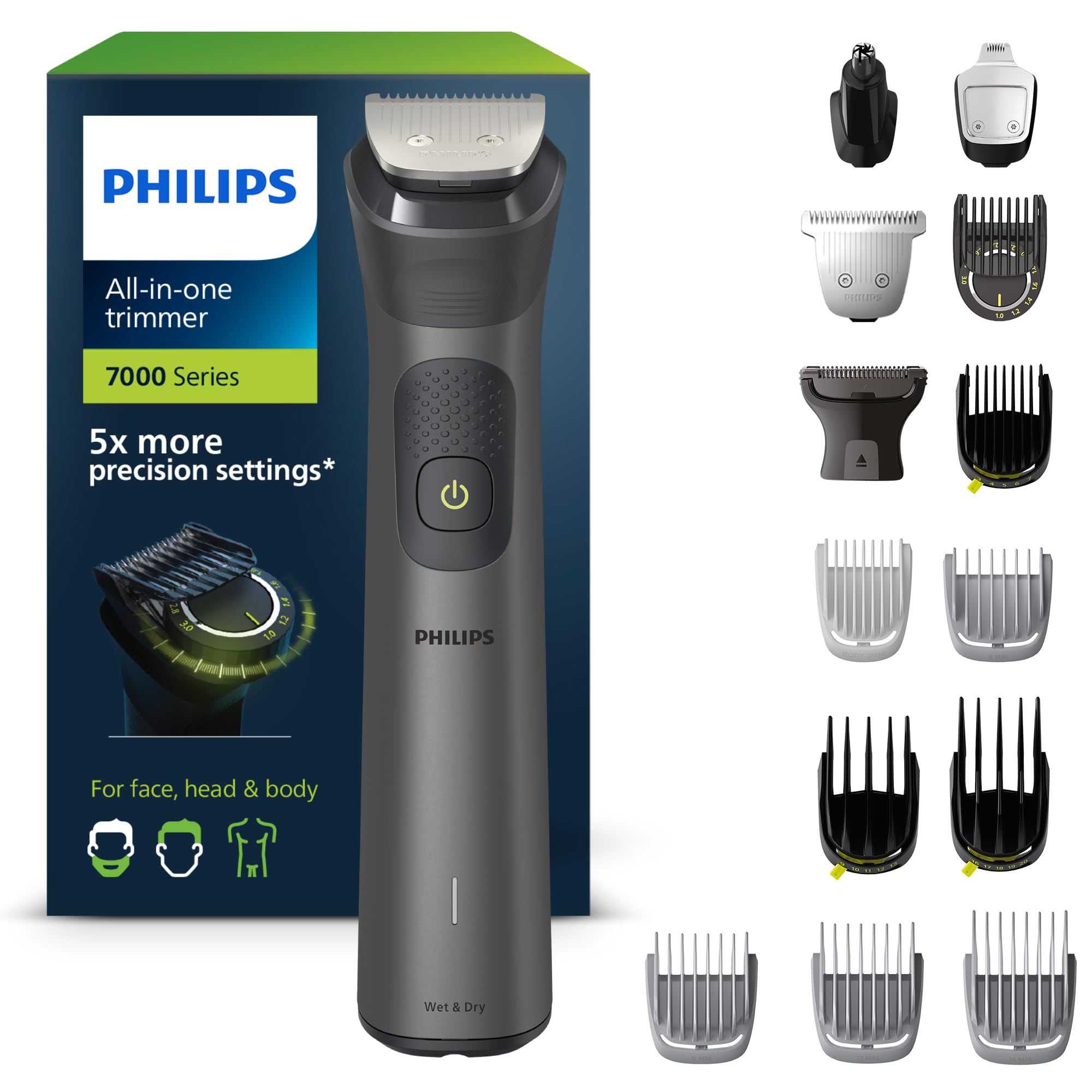 Philips Series 7000 All-in-one Trimmer, 15-in-1 Multigroom for face, Head and Body, One Tool - Ultimate Precision, 26 Length Settings (0.5-20 mm) (Model MG7950/15) - Damaged Box