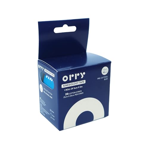 ORRY Kinesiology Tape - Joint Support & Muscle Pain Relief - Latex-Free, Water-Resistant, Elastic Cotton - Pre-Cut Roll, 20 Strips (Blue)