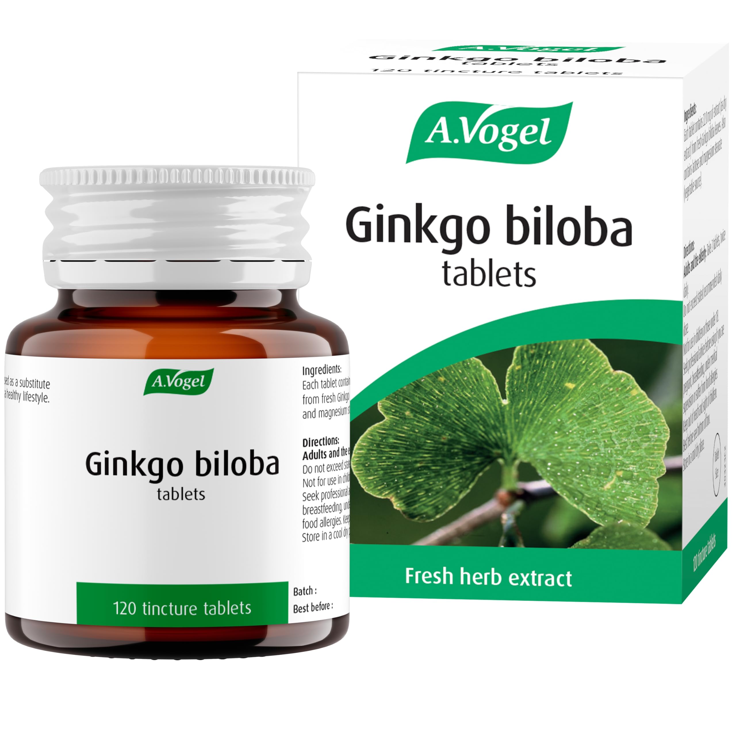A.Vogel Ginkgo Biloba Tablets | Food Supplement | Extract from Fresh Ginkgo biloba Leaves | Suitable for Vegetarians | 30 Days Supply | 120 Tablets - BBE 02/2029