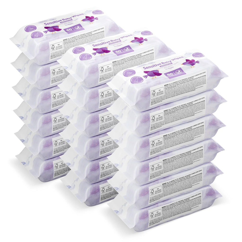 by Amazon Sensitive Baby Wipes,1080 Wipes, Unscented, 18 Pack of 60