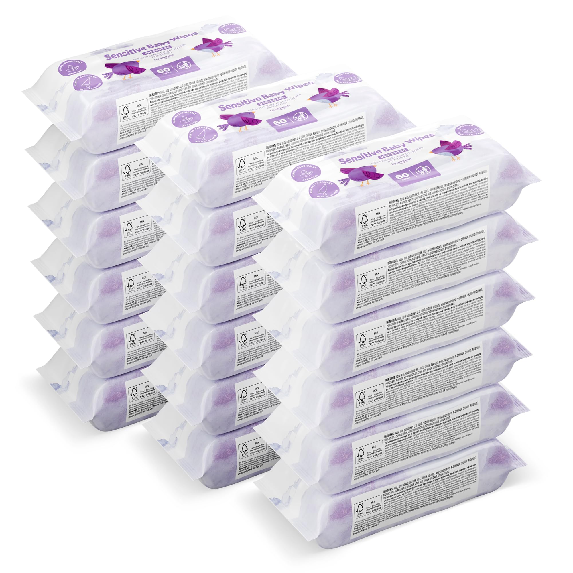 by Amazon Sensitive Baby Wipes,1080 Wipes, Unscented, 18 Pack of 60