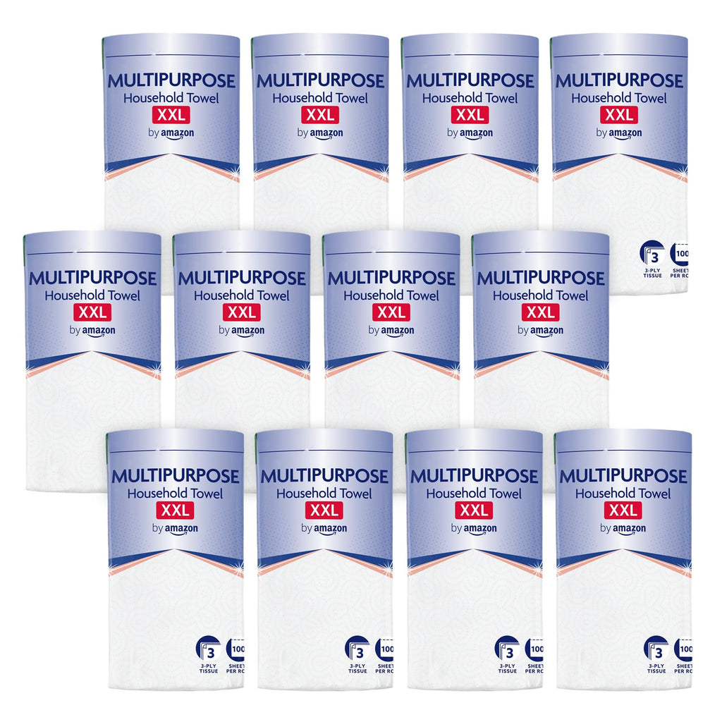 by Amazon Multipurpose Kitchen Roll, 3-Ply, XXL Household Towel, 12 Rolls (Pack of 1), 100 Sheets per Roll, FSC Certified - Damaged Box