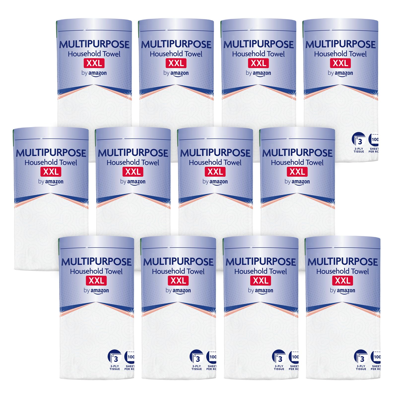 by Amazon Multipurpose Kitchen Roll, 3-Ply, XXL Household Towel, 12 Rolls (Pack of 1), 100 Sheets per Roll, FSC Certified - Damaged Box