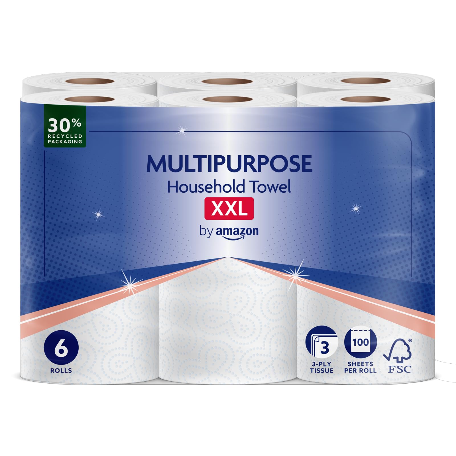 by Amazon Multipurpose Kitchen Roll, 3-Ply, XXL Household Towel, 12 Rolls (Pack of 1), 100 Sheets per Roll, FSC Certified - Damaged Box