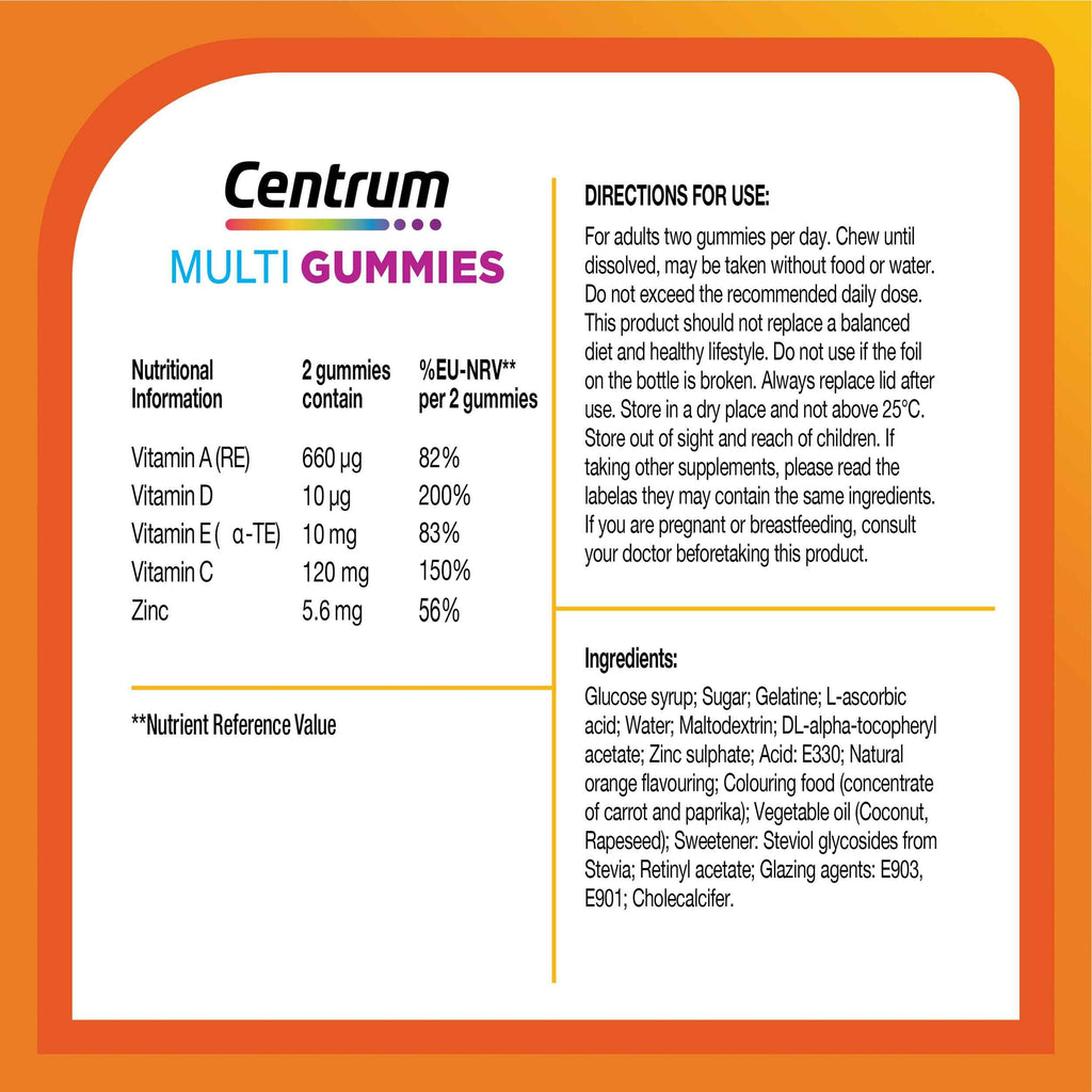 Centrum MultiGummies Immunity Support, Gummy Multivitamins for Adults, Orange Natural Fruit Flavouring, Includes Essential Nutrients Including Vitamins D, A, C & zinc, 60 ct