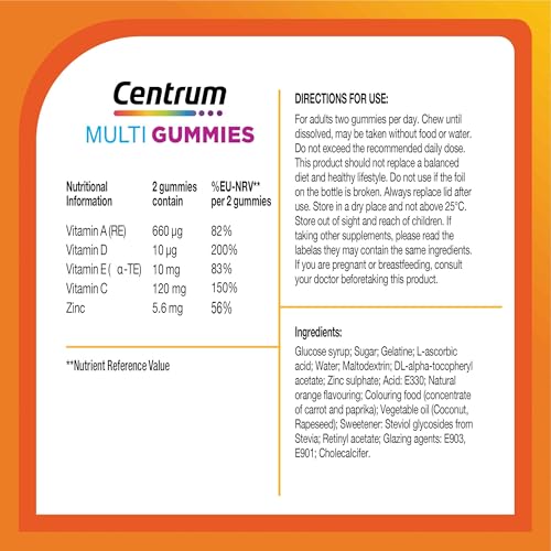 Centrum MultiGummies Immunity Support, Gummy Multivitamins for Adults, Orange Natural Fruit Flavouring, Includes Essential Nutrients Including Vitamins D, A, C & zinc, 60 ct